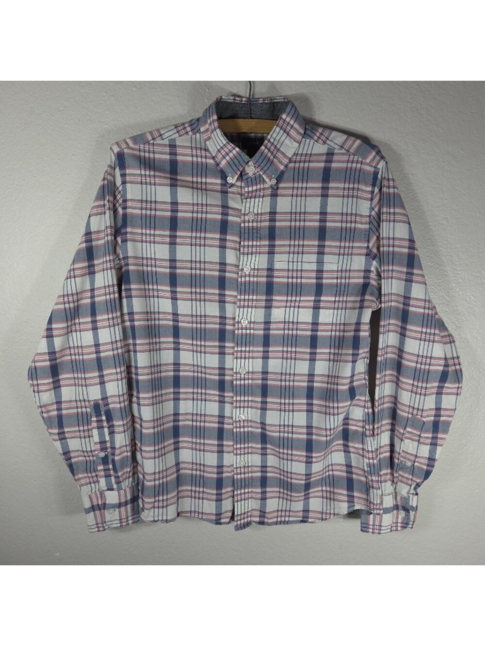 J Crew Shirt Mens S Button Down Collar Plaid Long Sleeves White Blue Classic